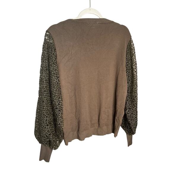 Sioni Balloon Sparkly Mesh Sleeve Knit Pullover Sweater Green Womens Size L NEW - Picture 2 of 4